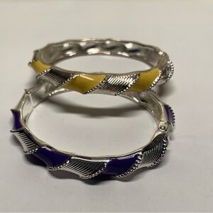 NEW Set of 2 Silver and Enamel Bangle Bracelets - Purple and Yellow